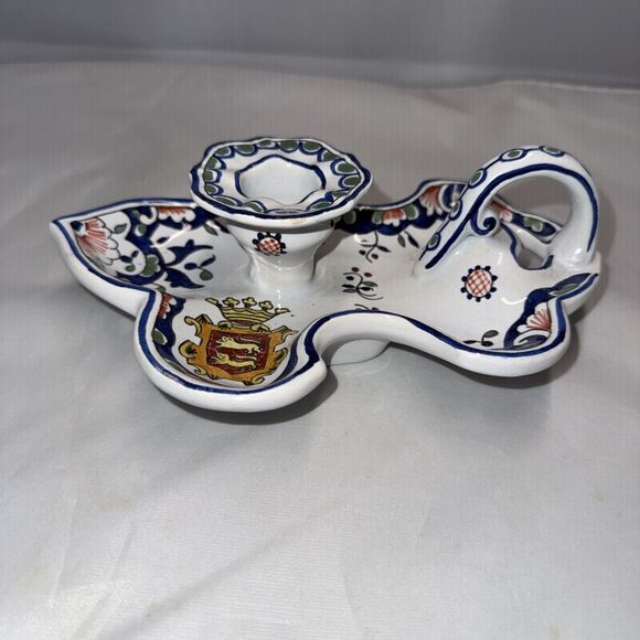 Vintage Leaf Shape Chamberstick Candle Holder Floral Hand Painted Made In France - Picture 2 of 7